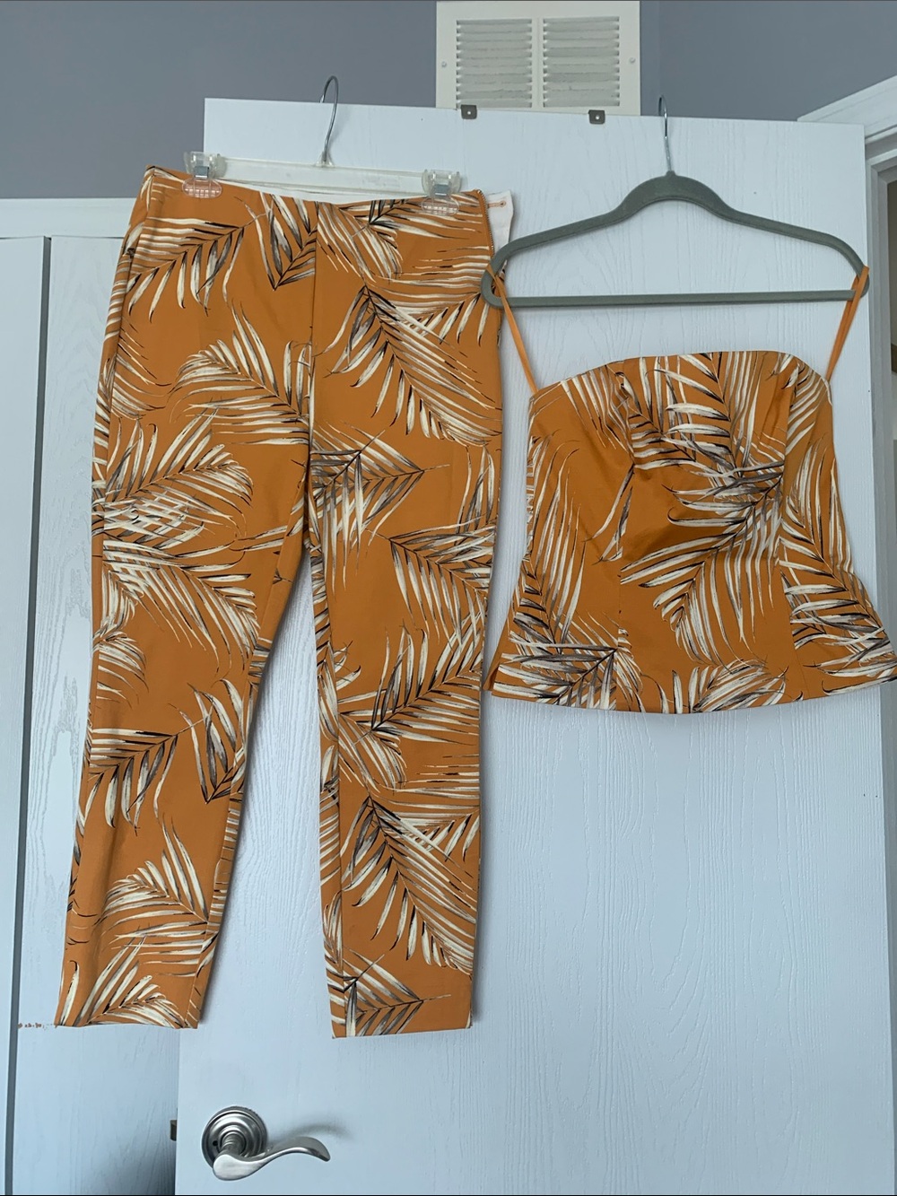White House Black Market Mustard Palm-Print Cropped Pants & Strapless Top